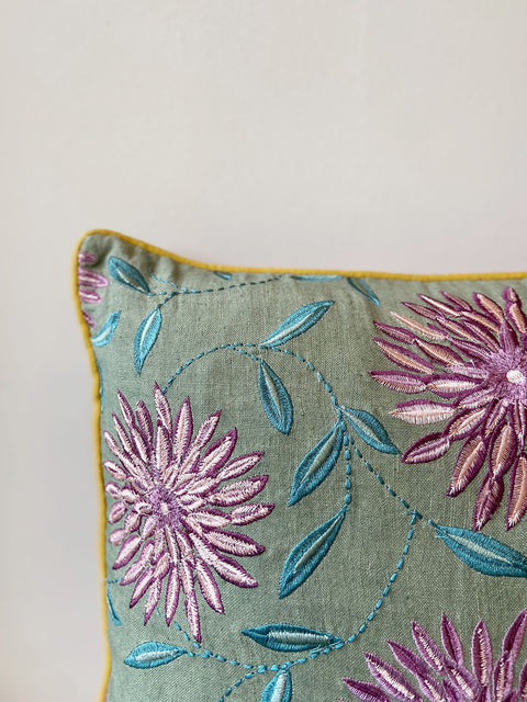 Floral Linen - Green with Purple Flowers Cushion Cover