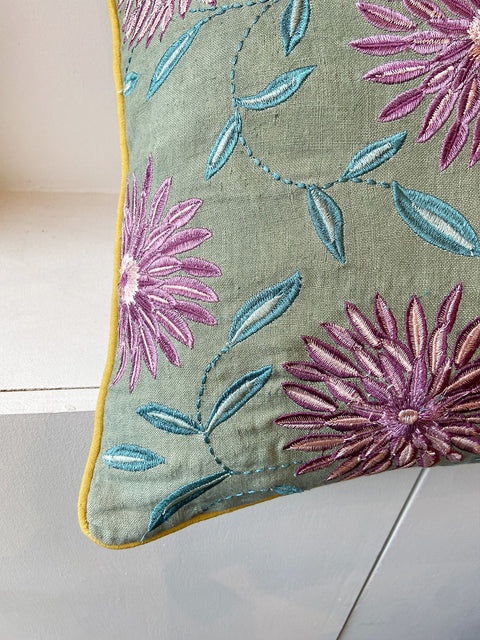 Floral Linen - Green with Purple Flowers Cushion Cover