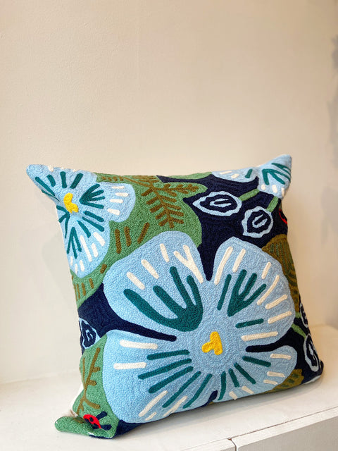 Wildflower Blue Poppies Aari Cushion Cover - House of Roya