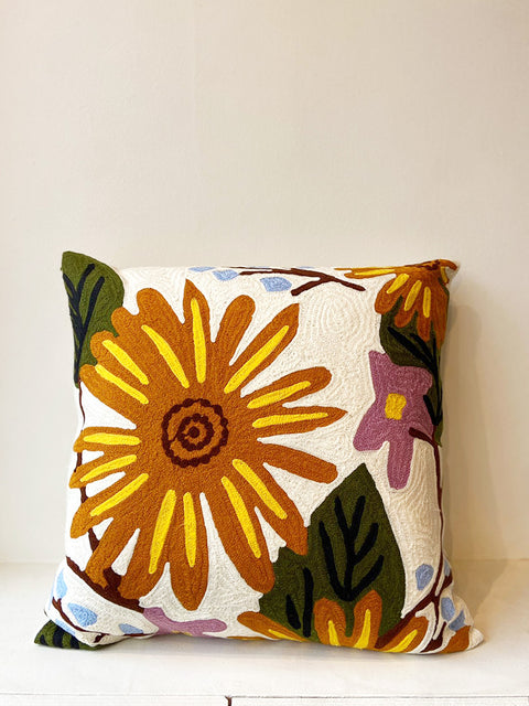 Wildflower Ochre Sunflowers Aari Cushion Cover - House of Roya