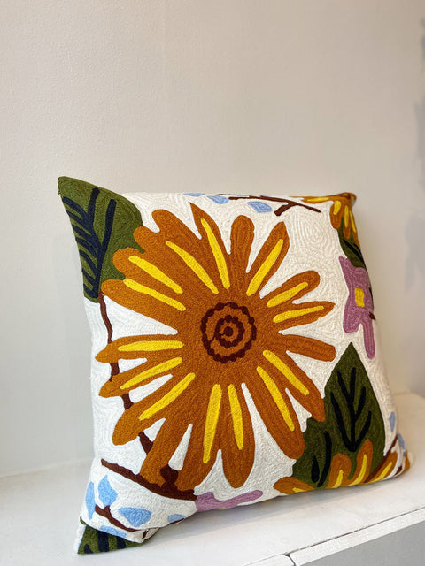 Wildflower Ochre Sunflowers Aari Cushion Cover - House of Roya