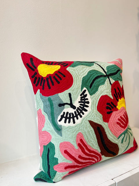 Wildflower Crimson Poppies Aari Cushion Cover - House of Roya