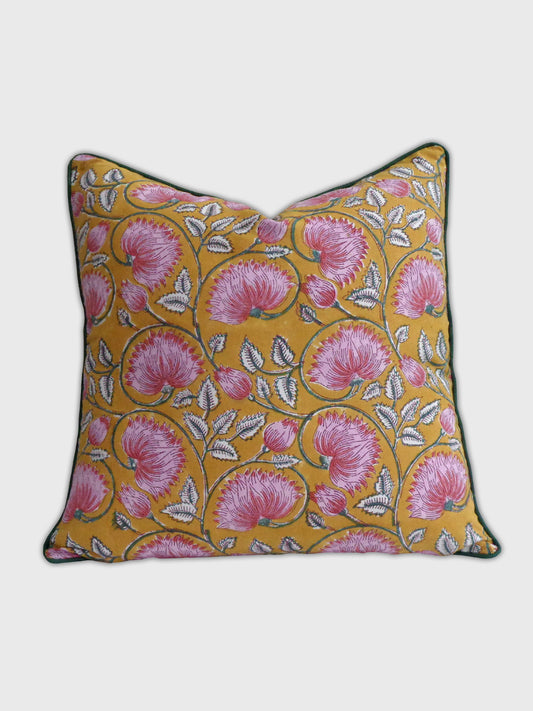 Kamal Mustard & Pink Floral Cushion Cover