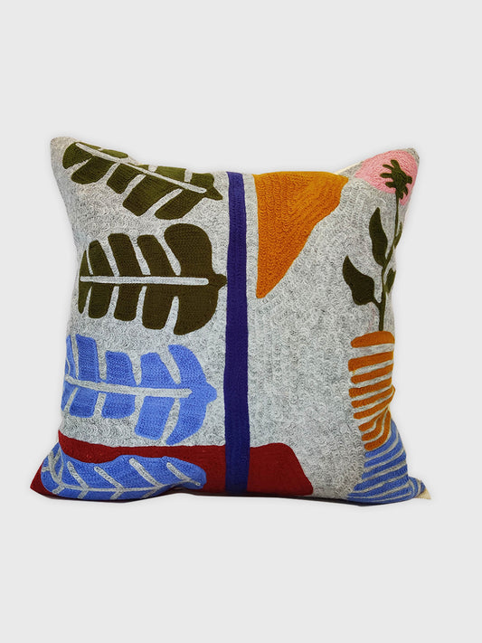 0215-Leaf Aari Cushion Cover - Multicolour