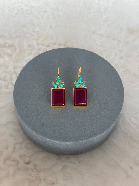 Front Shot of Sterling Silver Gold Plated Meera Earrings Set With Red Quartz and Turquoise Gemstones