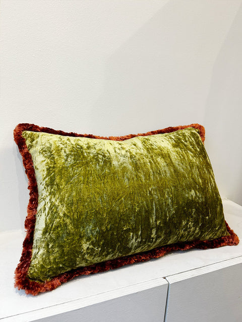 Moss Green Velvet with Copper Fringe Cushion Cover