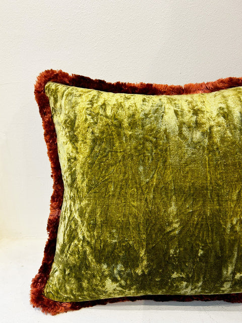 Moss Green Velvet with Copper Fringe Cushion Cover