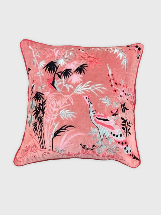 Pink Bamboo Scene Embroided Cushion Cover