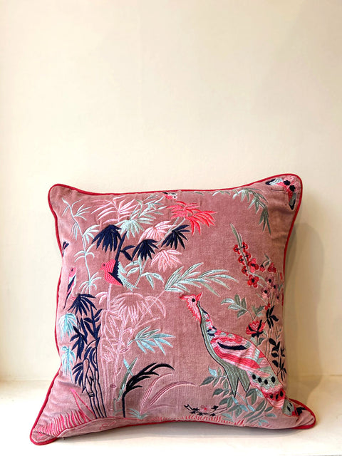 Pink Bamboo Scene Embroided Cushion Cover