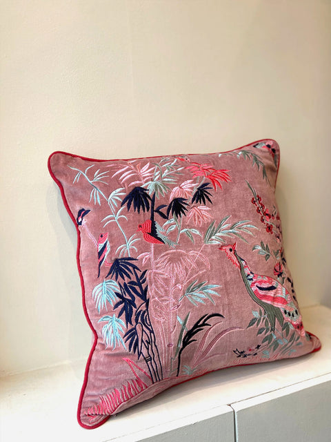 Pink Bamboo Scene Embroided Cushion Cover