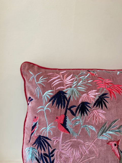 Pink Bamboo Scene Embroided Cushion Cover