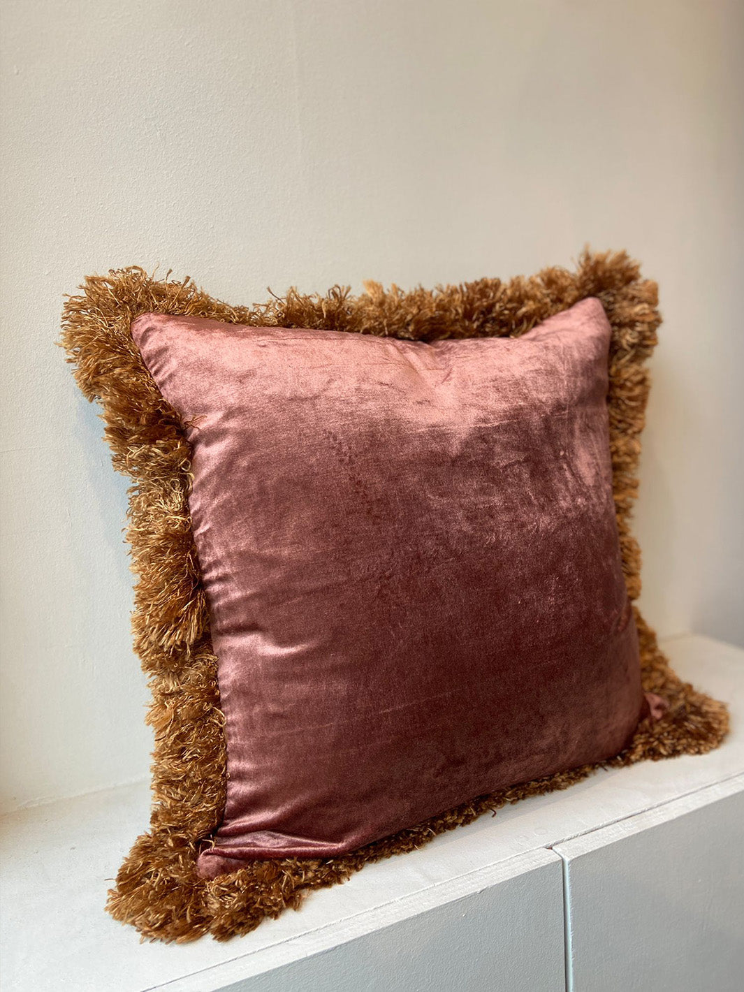 Dusty Rose Velvet with Bronze Fringe Cushion