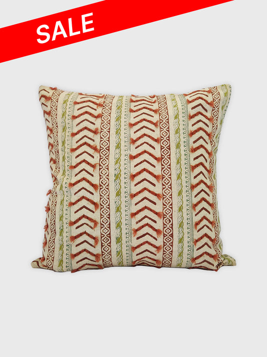 Hand Block with Sateen Embroidery Cushion Cover - Rust & Green