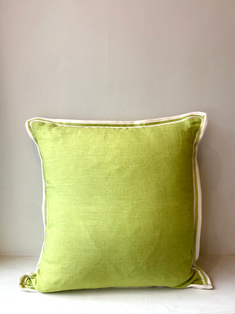 Lime Green Linen with Twill Ribbon Cushion Cover - House of Roya