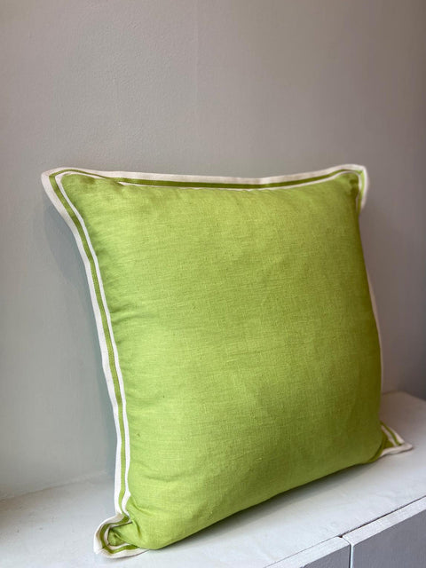 Lime Green Linen with Twill Ribbon Cushion Cover - House of Roya