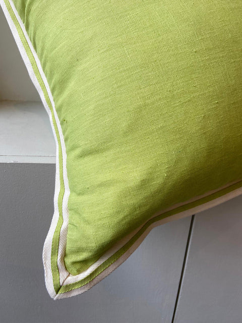 Lime Green Linen with Twill Ribbon Cushion Cover - House of Roya