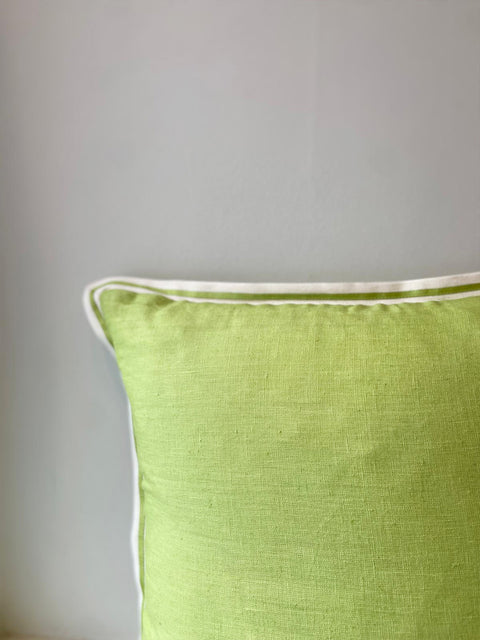 Lime Green Linen with Twill Ribbon Cushion Cover - House of Roya
