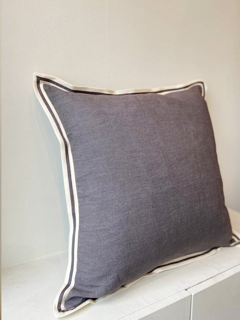 Grey Linen with Twill Ribbon Cushion Cover - House of Roya