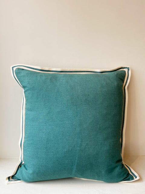 Teal Linen with Twill Ribbon Cushion Cover - House of Roya