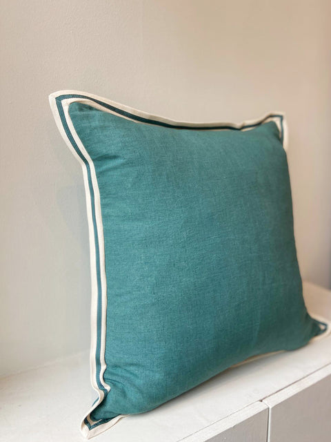 Teal Linen with Twill Ribbon Cushion Cover - House of Roya