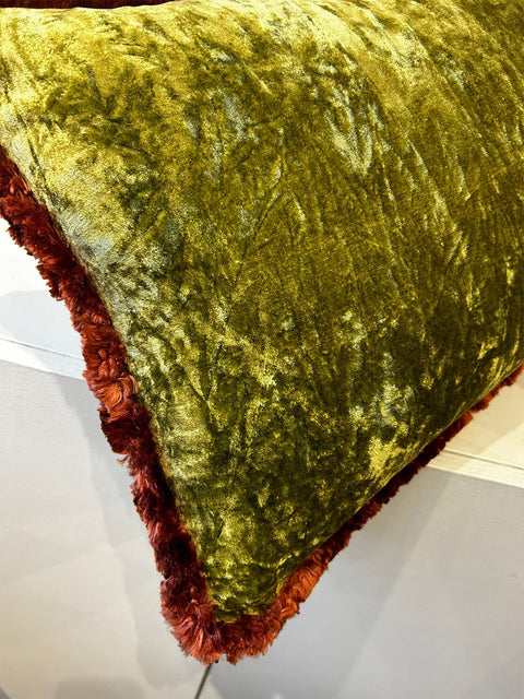 Moss Green Velvet with Copper Fringe Cushion Cover - House of Roya