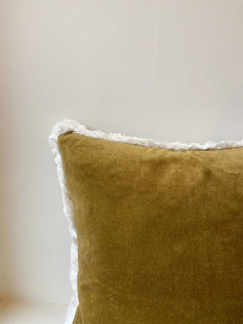 Olive Green Velvet with White Fringe Cushion Cover - House of Roya
