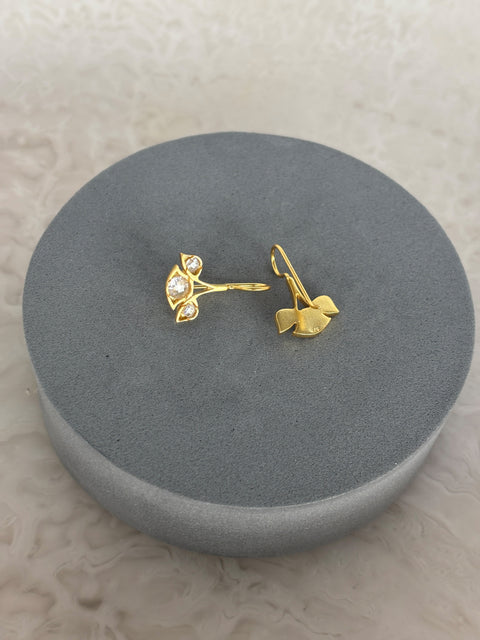 Rear View of Sterling Silver Gold Plated Nayantara Pearl Earrings on Grey Pillow