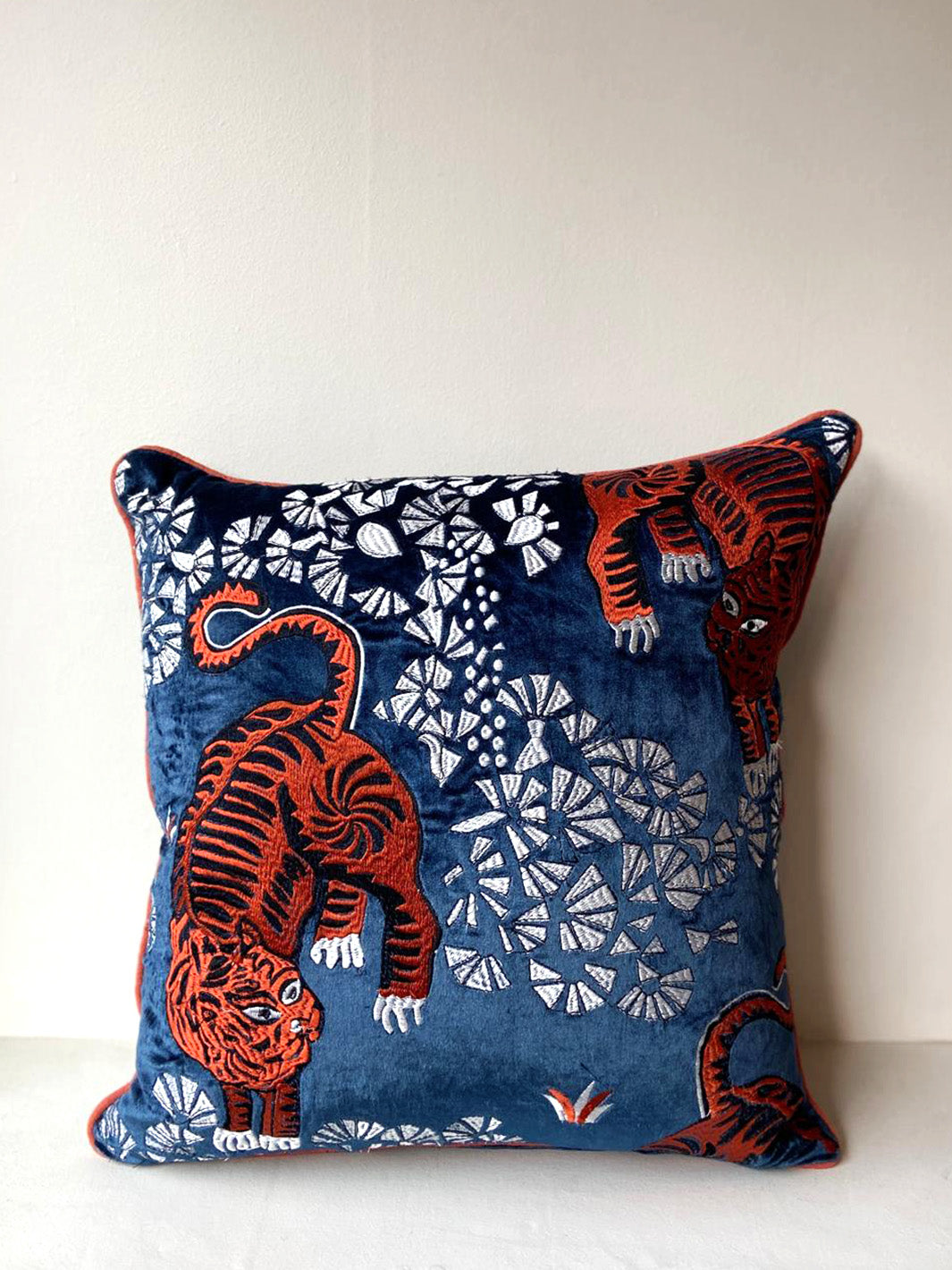 Tiger Embroidered with Orange Piping Cushion Cover