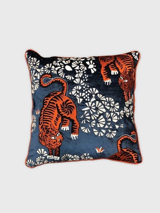 Tiger Embroidered with Orange Piping Cushion Cover