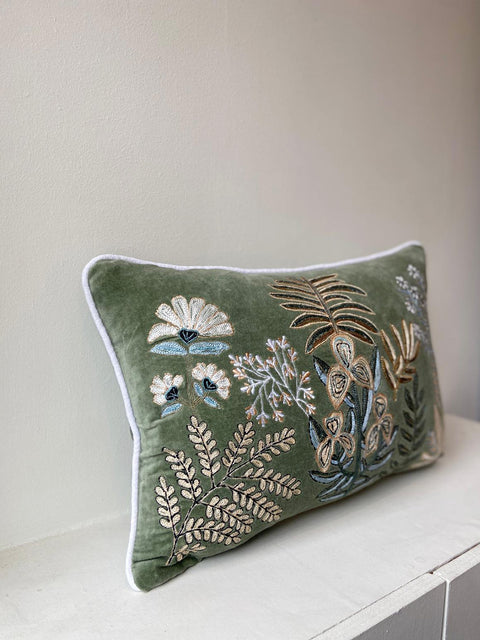 Whispering Greens Embroidered Velvet Cushion Cover - House of Roya