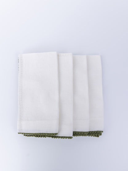 White Carmel Green Pom Pom Napkins - Set of 4