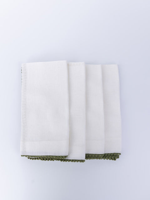 White Carmel Green Pom Pom Napkins - Set of 4